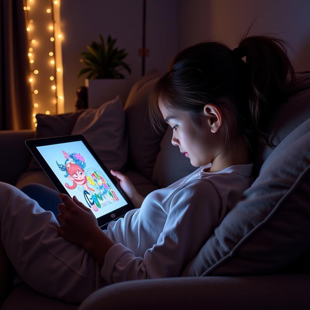 The image depicts a reader engrossed in a "Count's Daughter" manhwa on their tablet, emphasizing the genre's popularity as a form of entertainment.