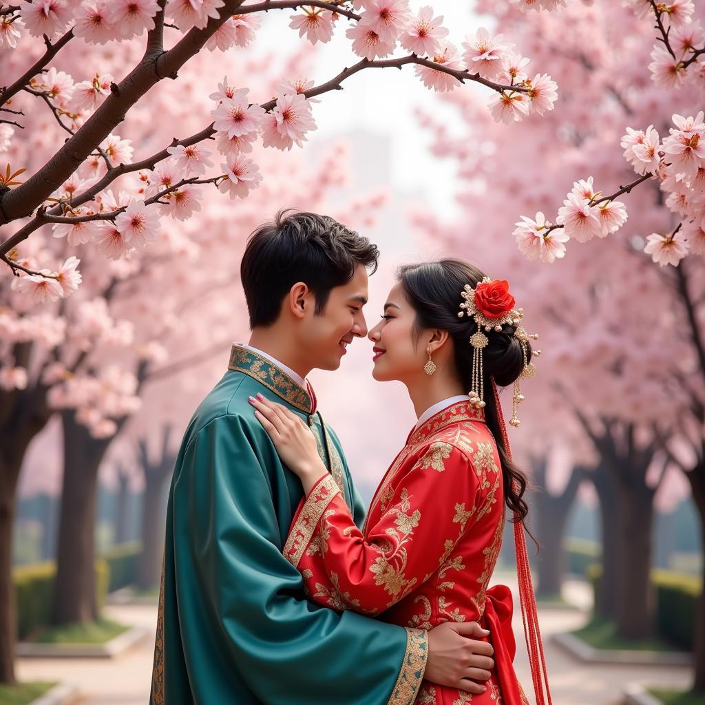 A young couple in elaborate traditional Chinese attire gazes into each other's eyes amidst a backdrop of blossoming cherry trees.