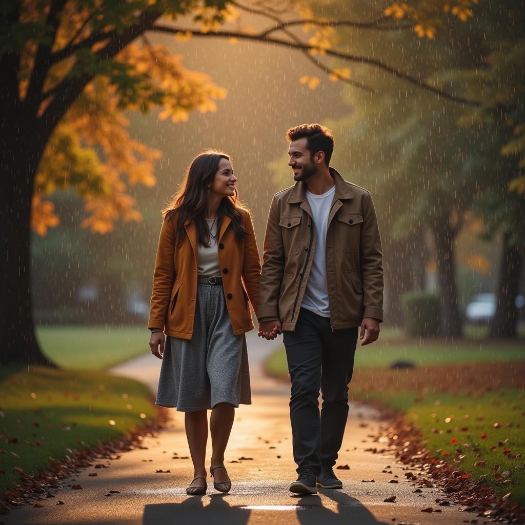 The couple strolled under the gentle rain