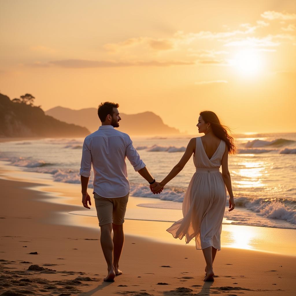 A happy couple holding hands and walking on the beach