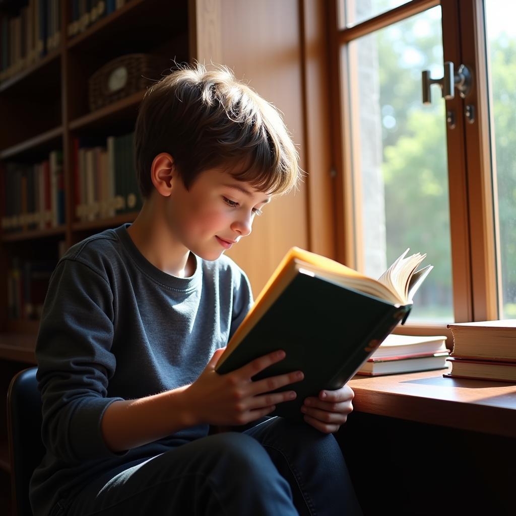 Boy reading in the library