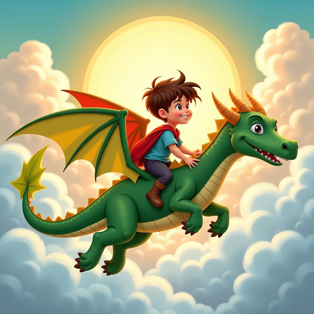 A young boy riding a dragon, soaring through the clouds