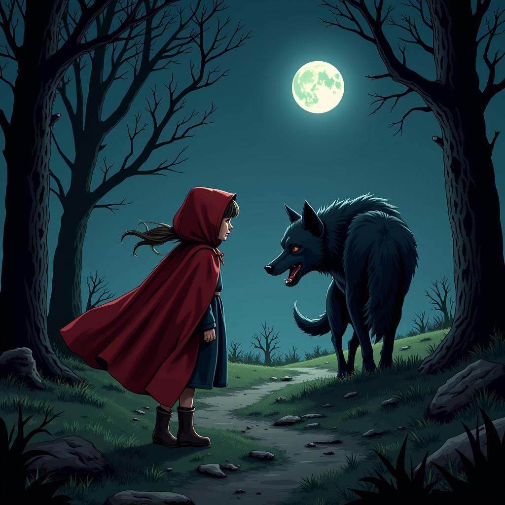 Little Red Riding Hood meets the wolf in the woods