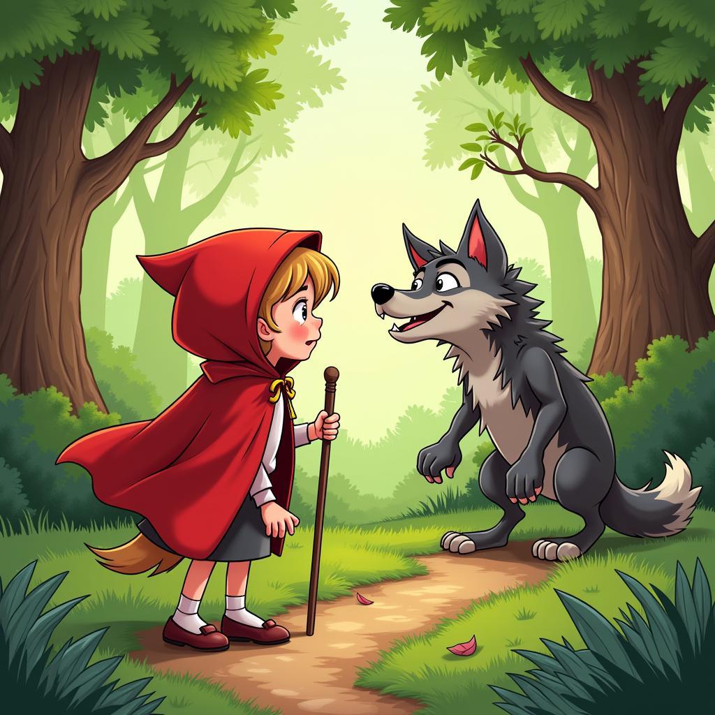 Little Red Riding Hood meets the wolf in the woods