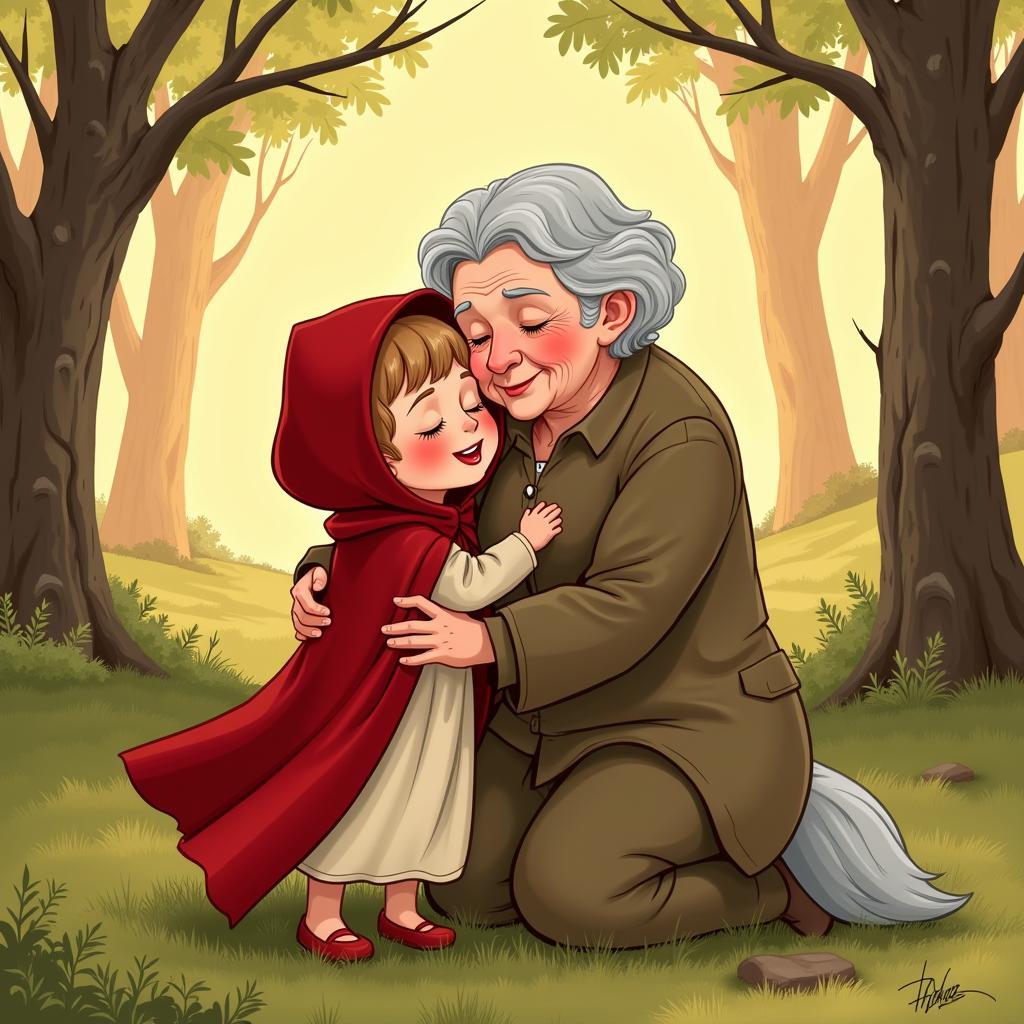 Little Red Riding Hood and her grandmother reunited safely