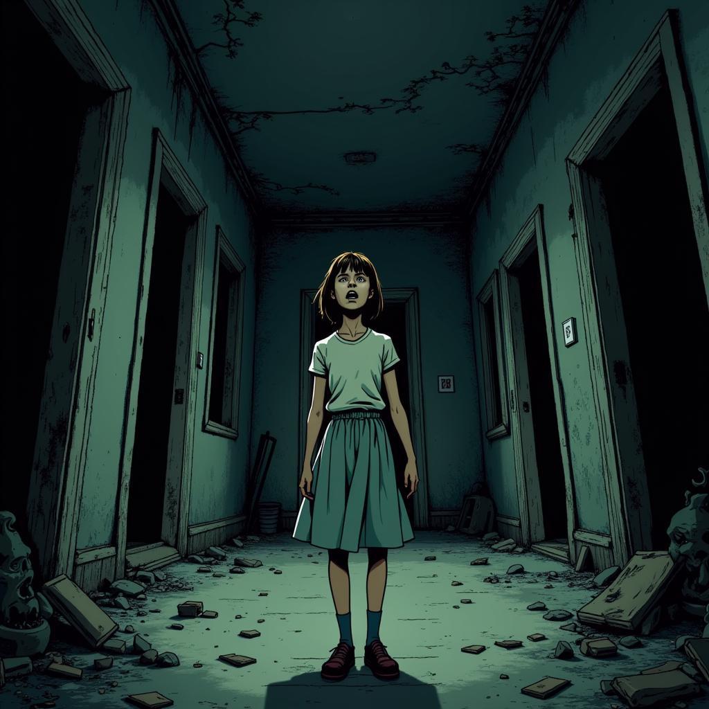 A girl with a terrified expression in a dark house