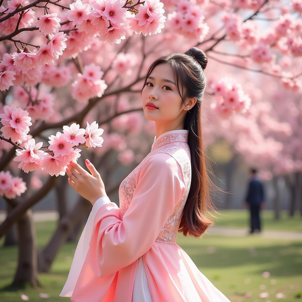 A young woman standing in a peach blossom garden