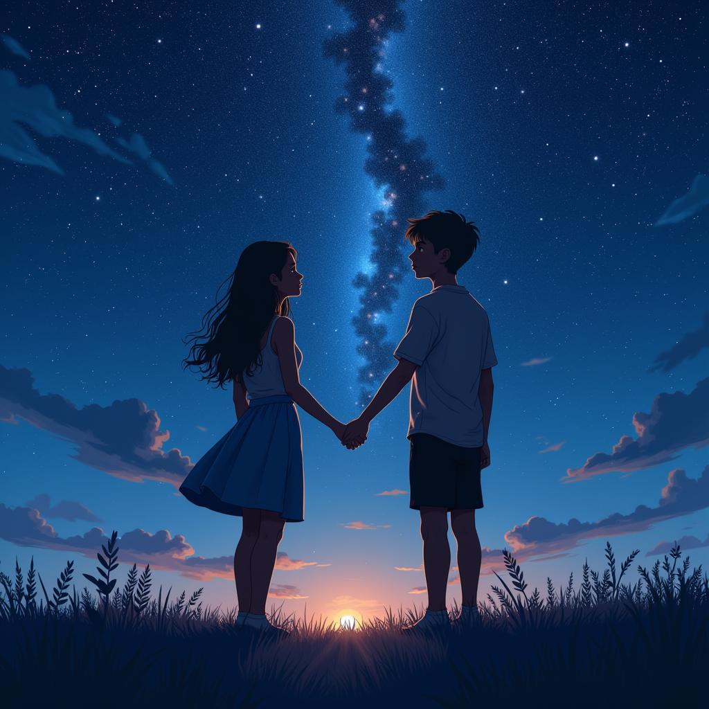 A girl and a boy met under the starry sky