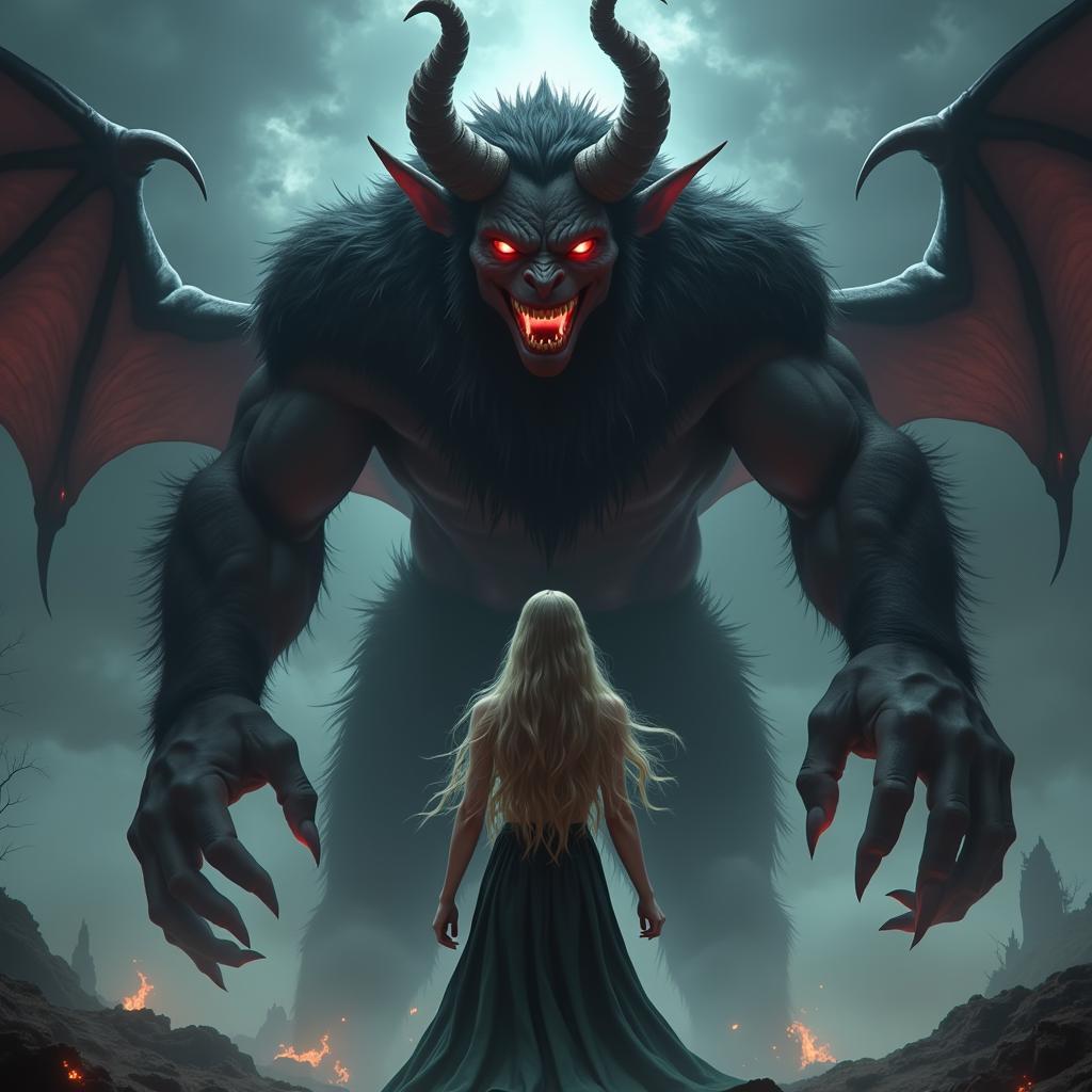 A girl standing in front of a powerful demon king