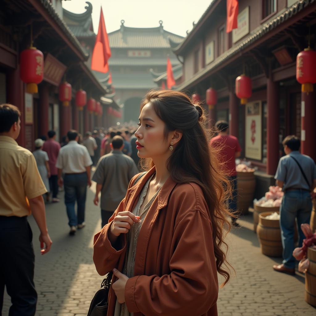 A young woman in modern clothing stands bewildered in a bustling ancient Chinese marketplace