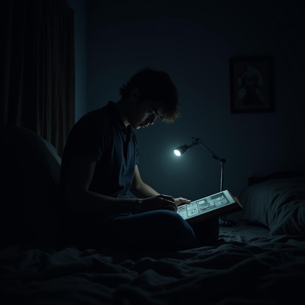 A reader engrossed in a horror comic at night