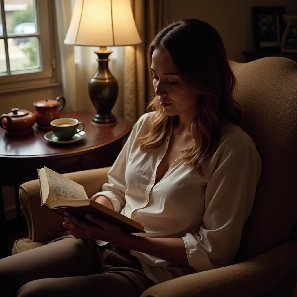 Woman reading a book with a cup of tea