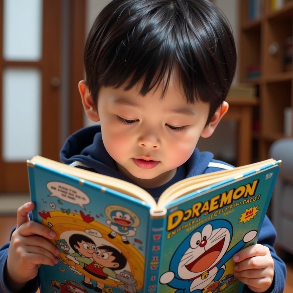 Cậu bé đọc truyện Doraemon