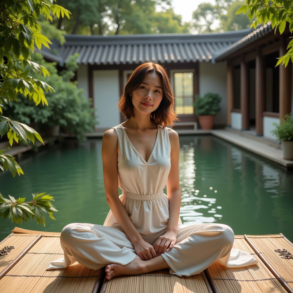 A serene illustration of a woman reading a book with a cup of tea, set against a backdrop of a traditional Chinese garden, showcasing the relaxing experience of indulging in Republican-era romance novels.