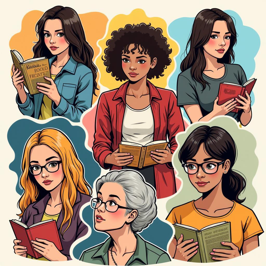 Readers engrossed in different genres of comics featuring strong female leads who overcome adversity, showcasing the universal appeal of these stories.