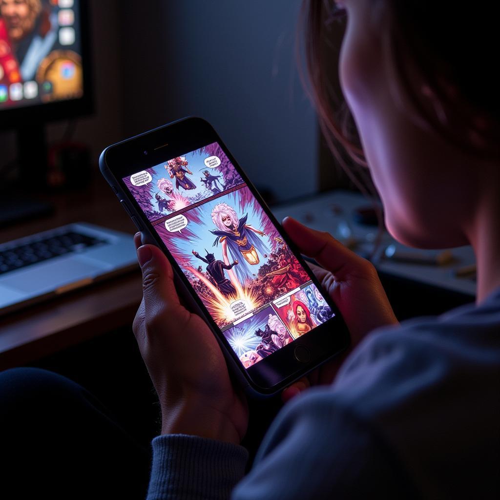 A person is fully engrossed in reading a comic on their phone, showcasing a vibrant panel depicting a magical battle.