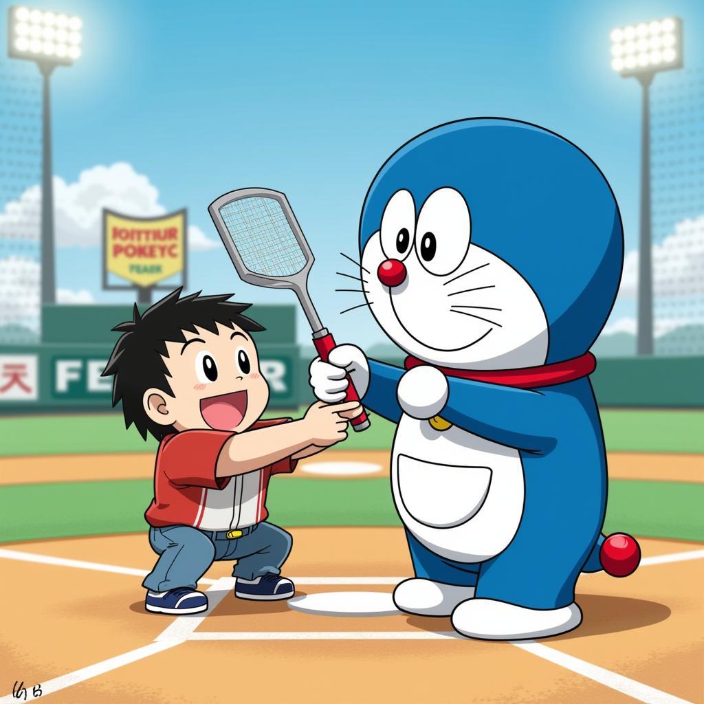 Doraemon dùng bảo bối giúp Nobita chơi bóng chày