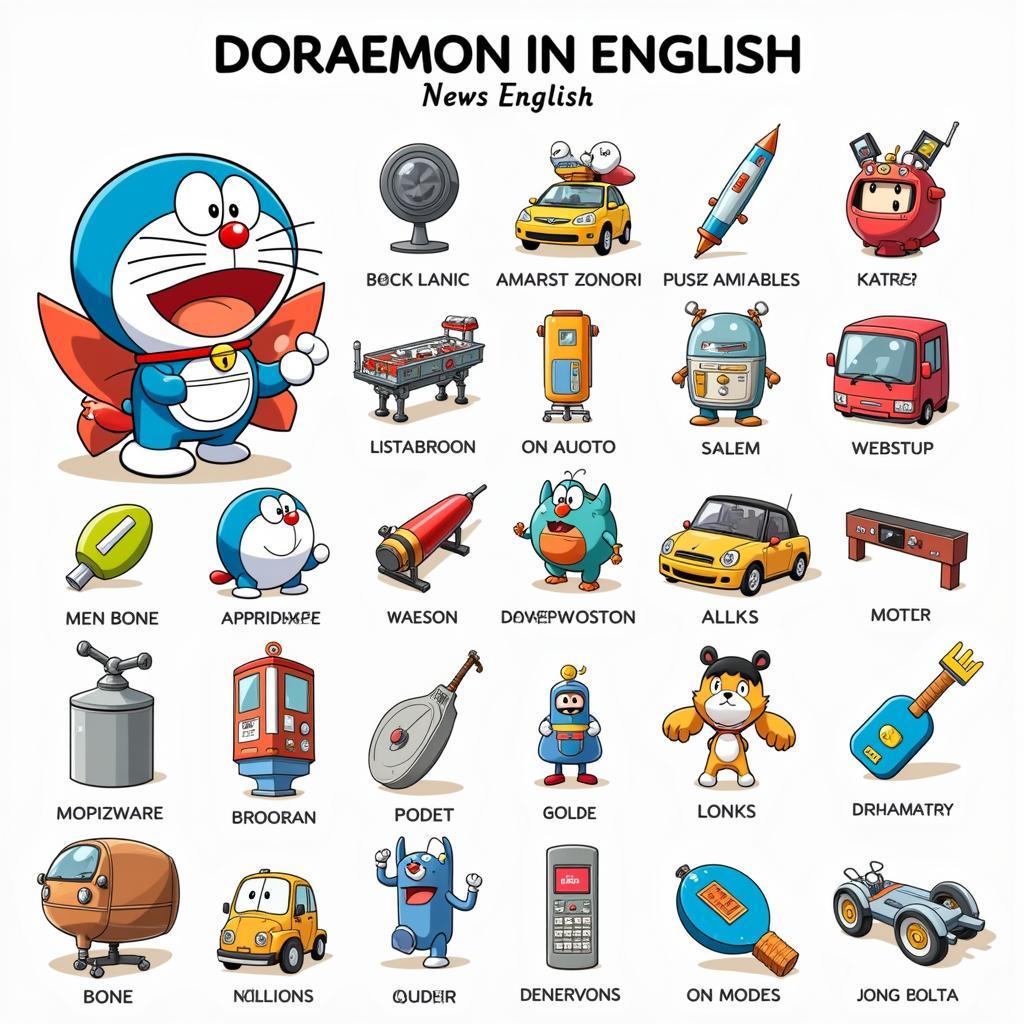 Doraemon showcasing gadgets with English labels