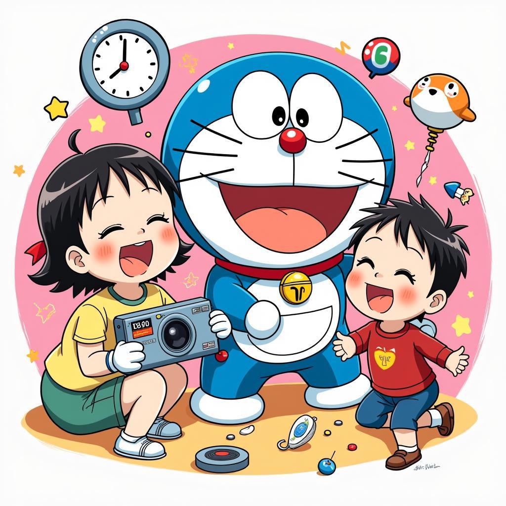 Doraemon và Nobita cùng Xuka vui đùa.