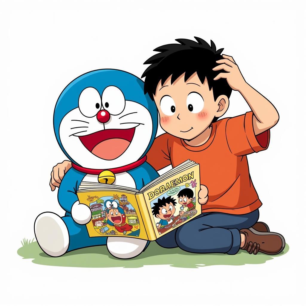 Doraemon and Nobita reading English manga