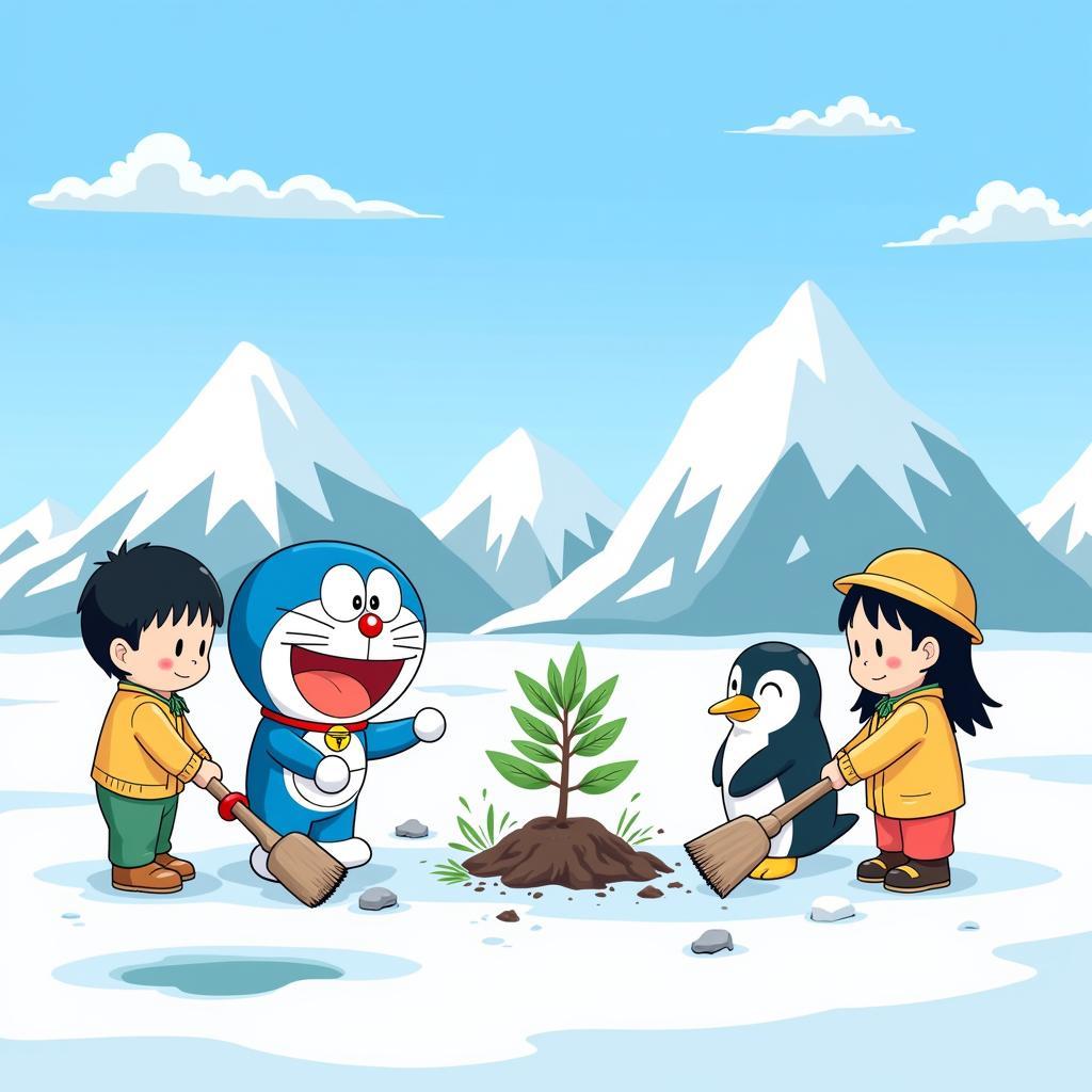 Hình ảnh Doraemon, Nobita và nhóm bạn cùng nhau chung tay bảo vệ môi trường Nam Cực