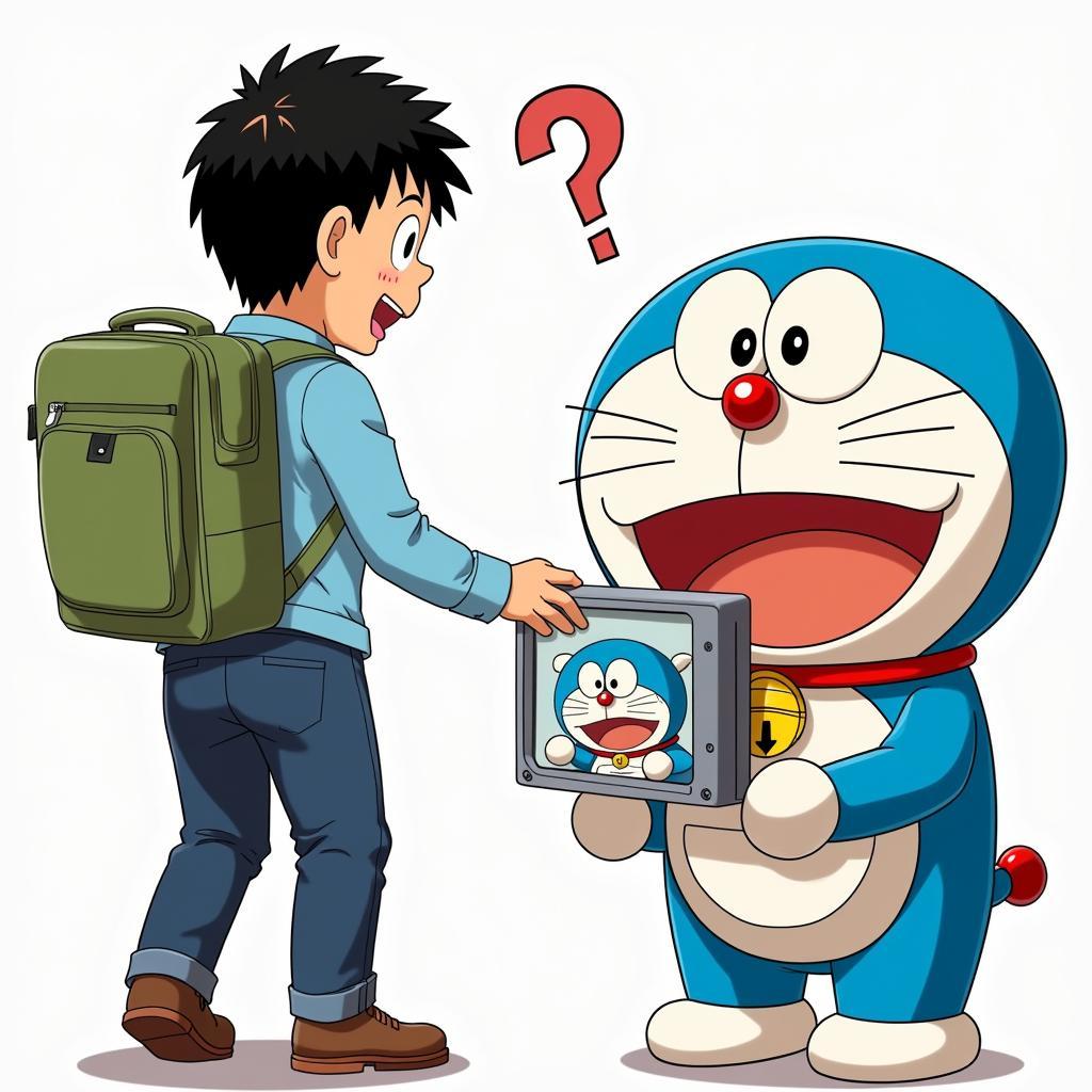 Doraemon đang sử dụng bảo bối giúp đỡ Nobita.