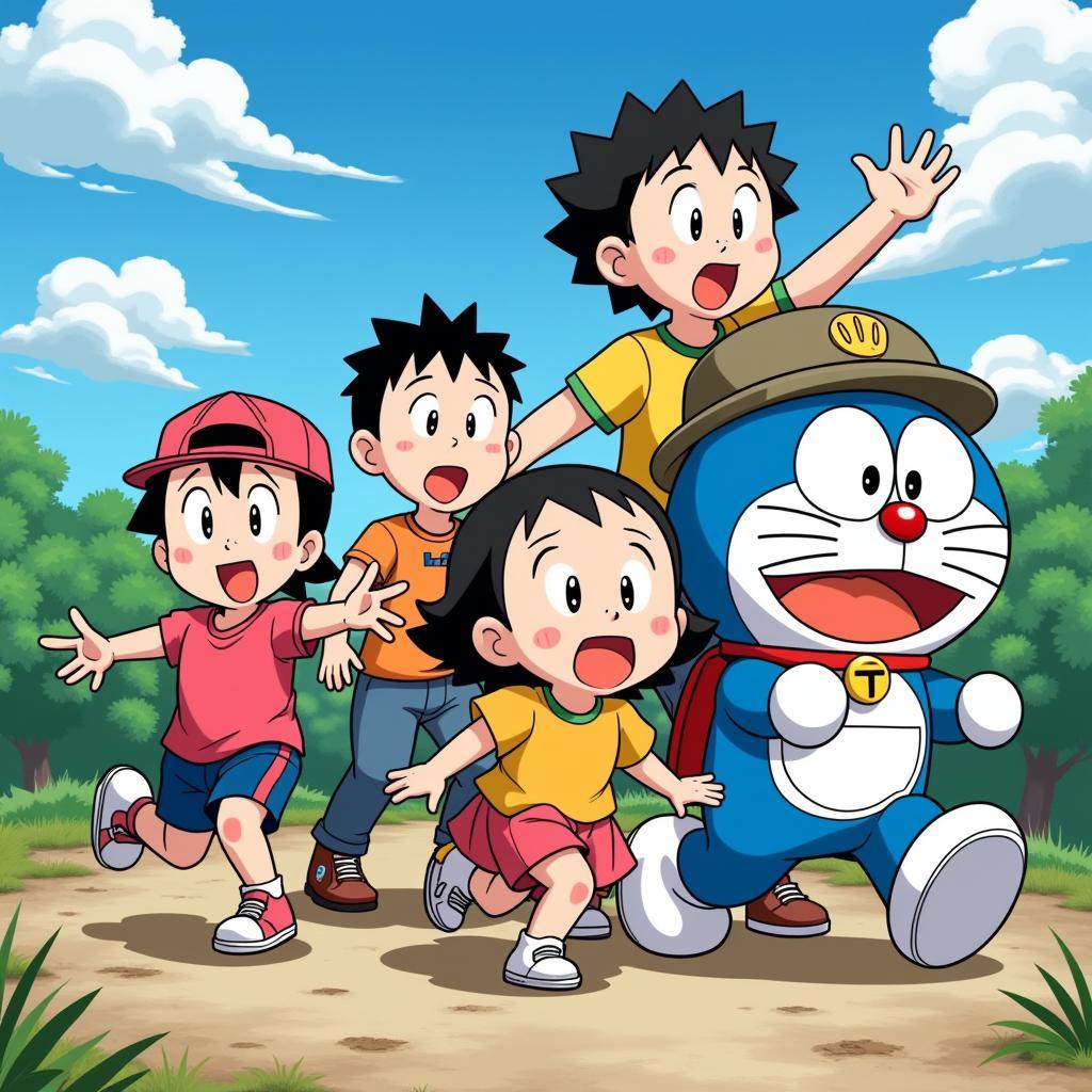 Doremon, Nobita, Xuka, Shizuka và Gian, Suneo trong một chuyến phiêu lưu