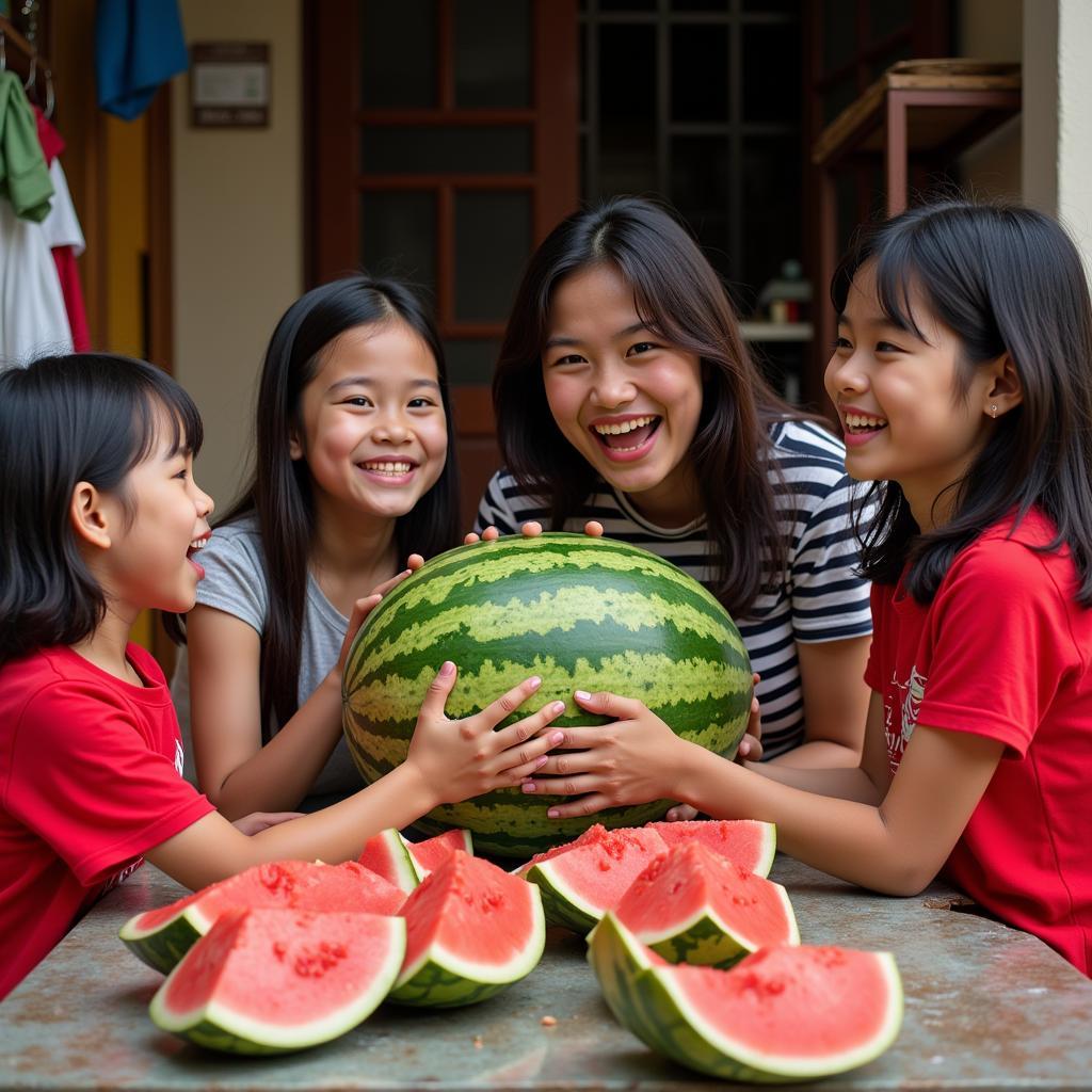 Hình ảnh gia đình An Tiêm sum vầy bên trái dưa hấu