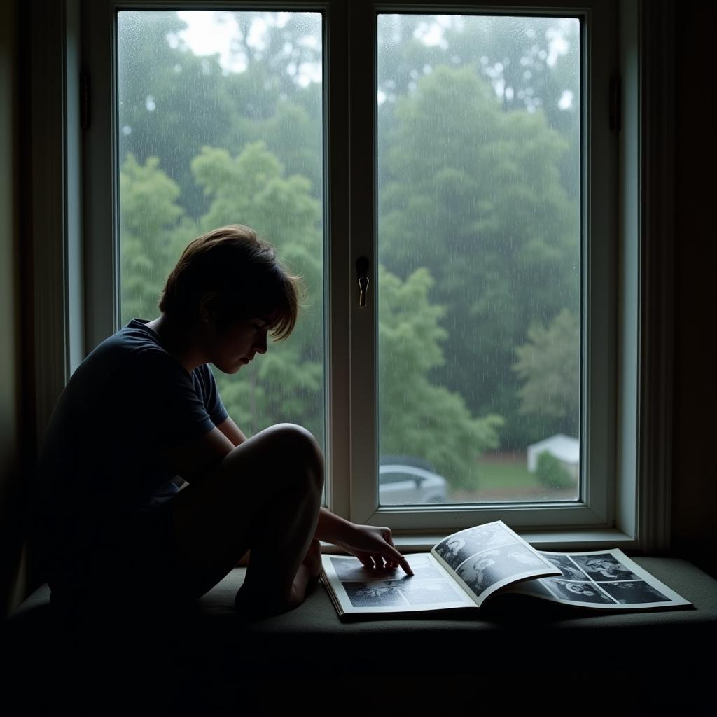 A sad scene with a single figure looking at a photo album, reminiscing about a past love.