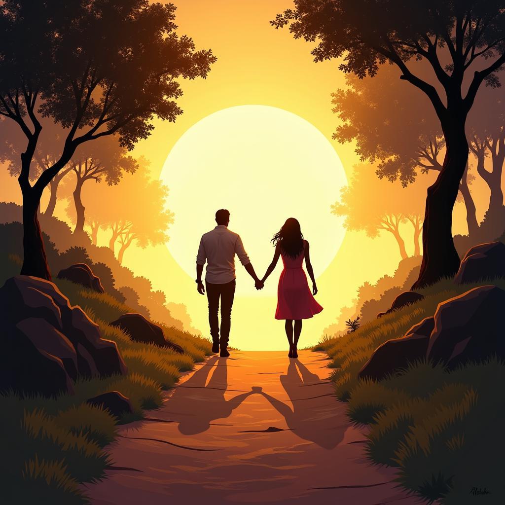 A couple holding hands, walking towards a bright light at the end of a path