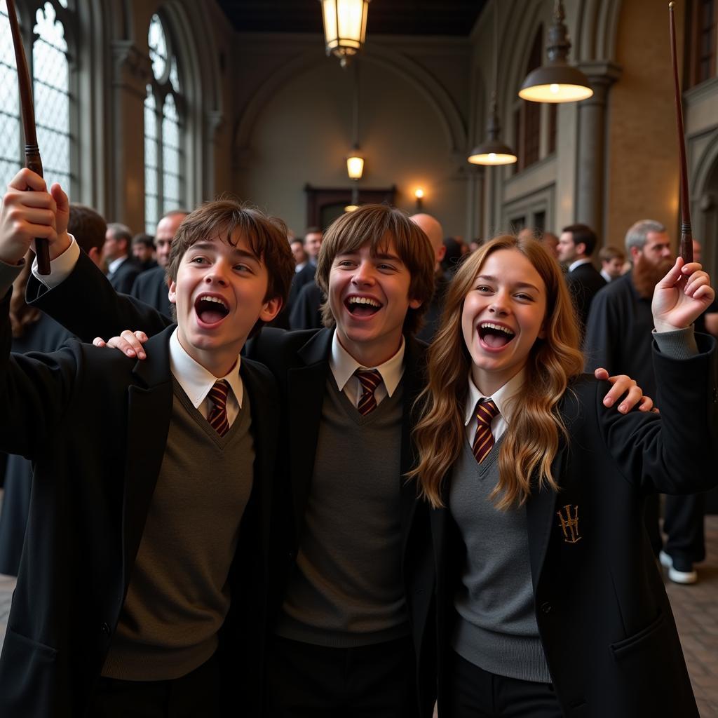 Harry, Ron, và Hermione ăn mừng chiến thắng