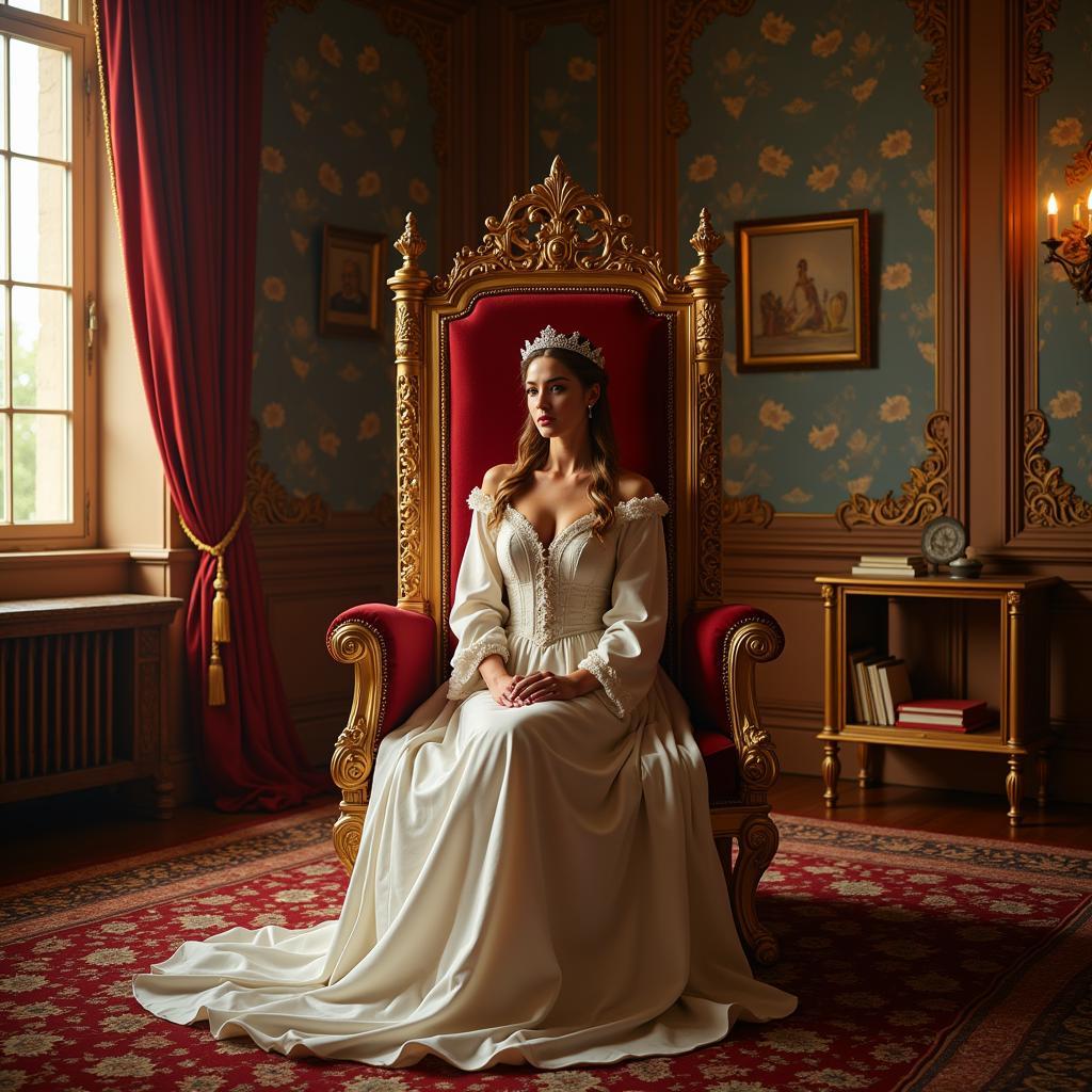 The majestic throne room of a powerful empress, adorned with intricate carvings and luxurious fabrics. A beautiful woman with a stern yet regal expression sits upon the throne, her gaze fixed on something beyond the frame.