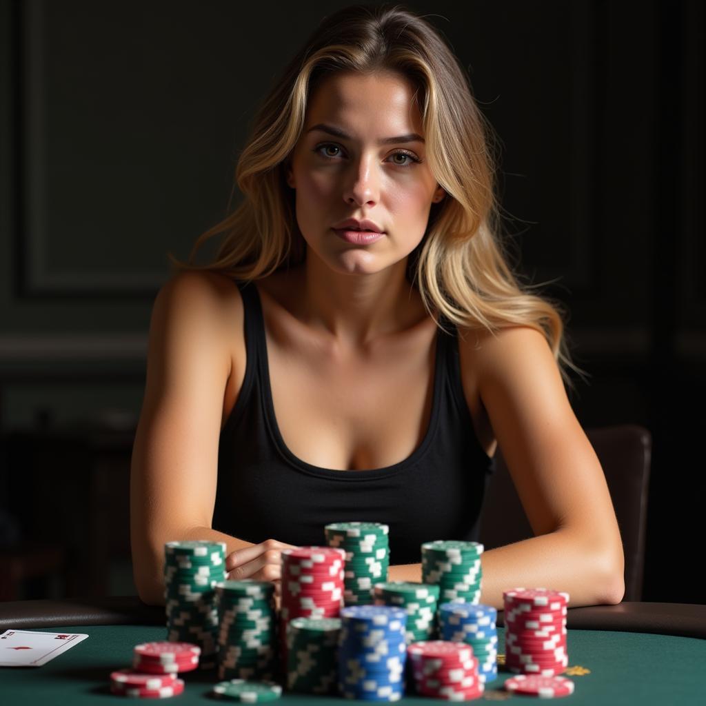 A Determined Girl Facing a Mountain of Poker Chips