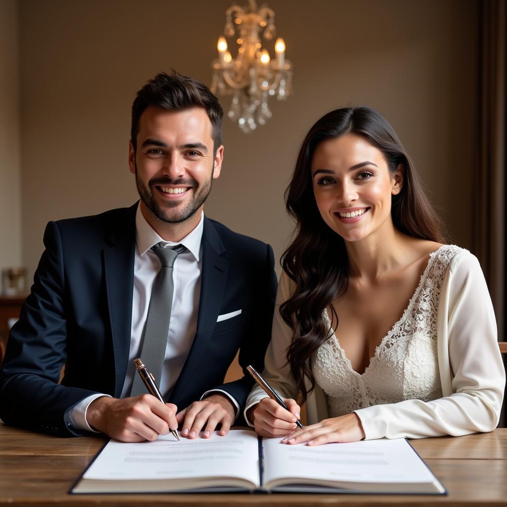 Real-life couple signing a marriage contract