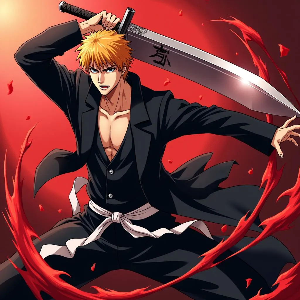 Ichigo Kurosaki trong lốt Shinigami, tay cầm Zanpakuto khổng lồ, ánh mắt kiên định sẵn sàng chiến đấu