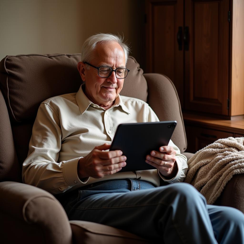 An old man engrossed in reading a book on his tablet