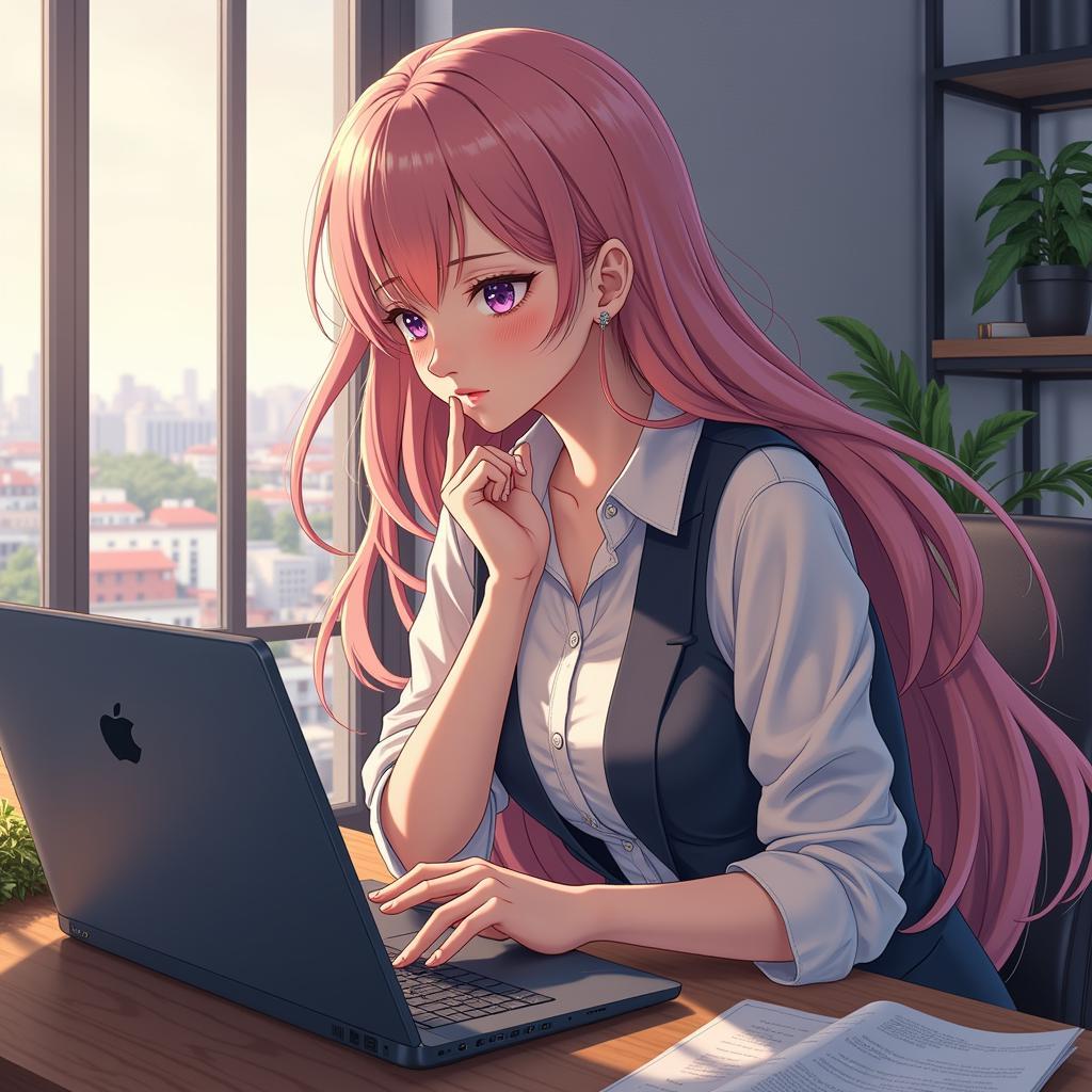 A beautiful girl is looking at the computer.