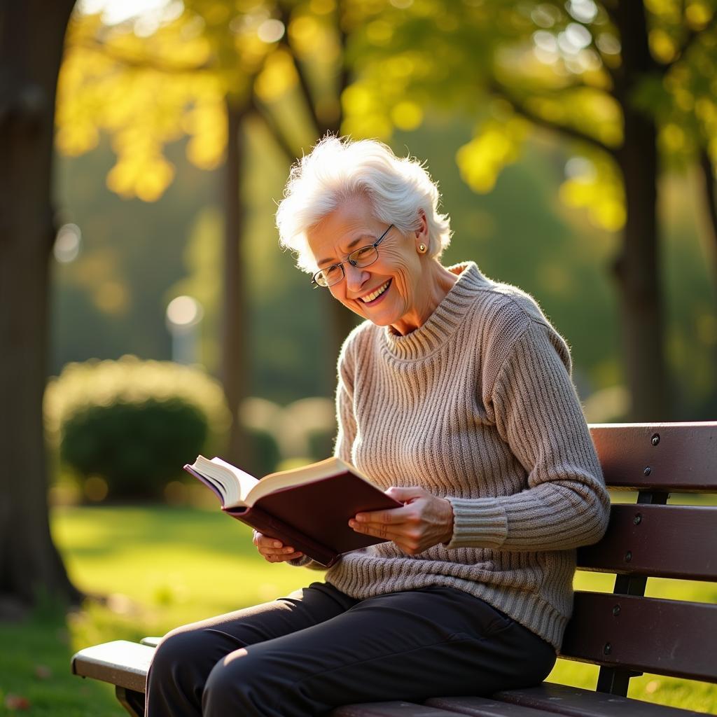 An elderly woman enjoys reading on a park bench