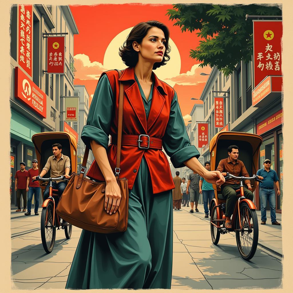 A captivating illustration showcasing the emotional depth of Republican-era romance, featuring a determined woman in a red qipao standing against a backdrop of a bustling city street, symbolizing her strength and independence amidst societal expectations.