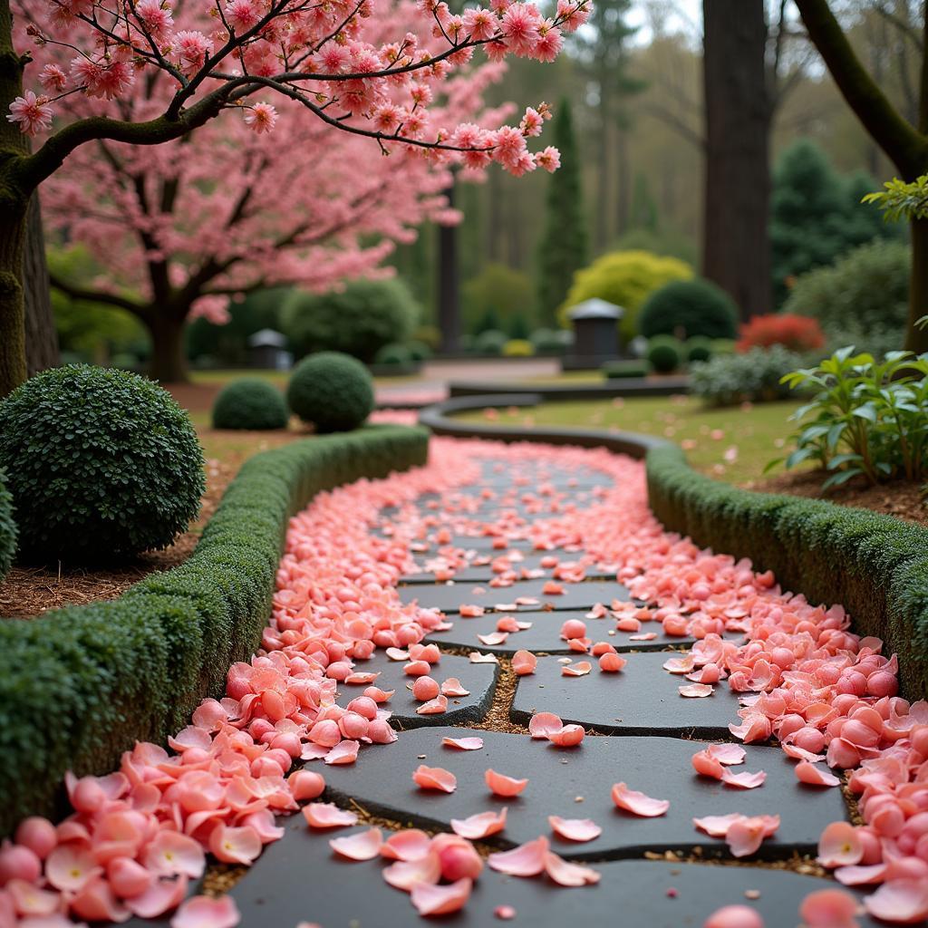 Fallen peach blossoms on a stone path