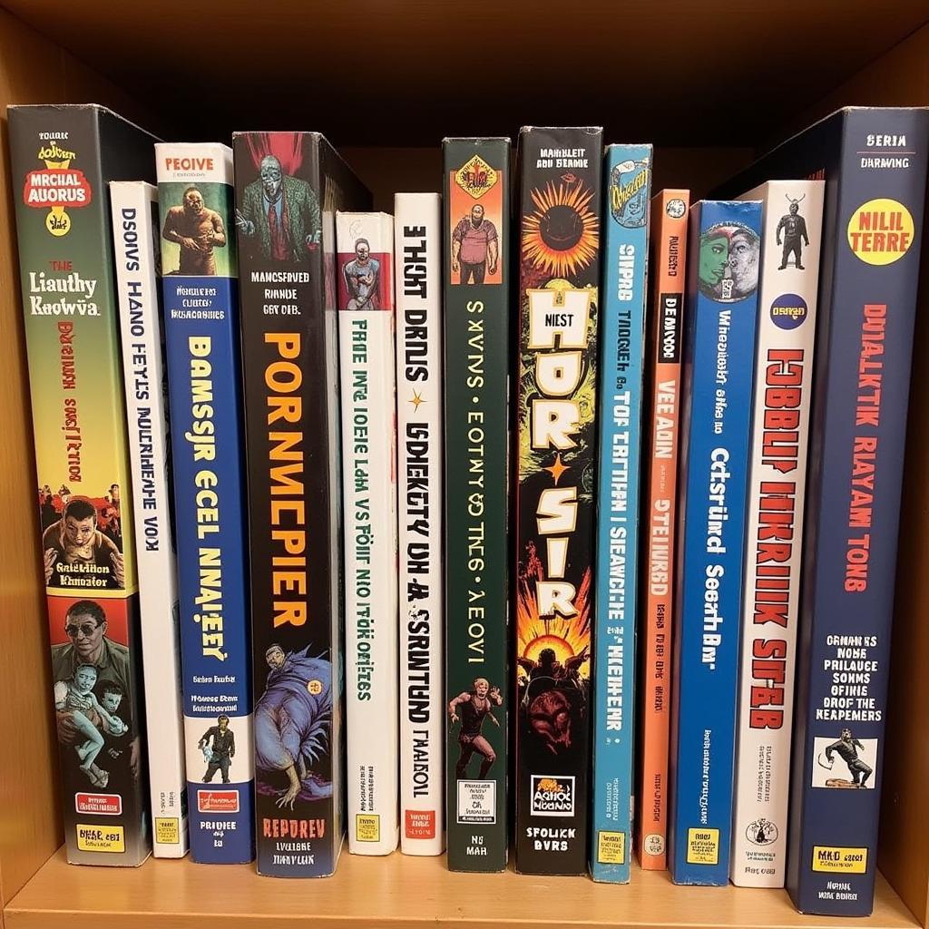 Horror comics on a bookshelf