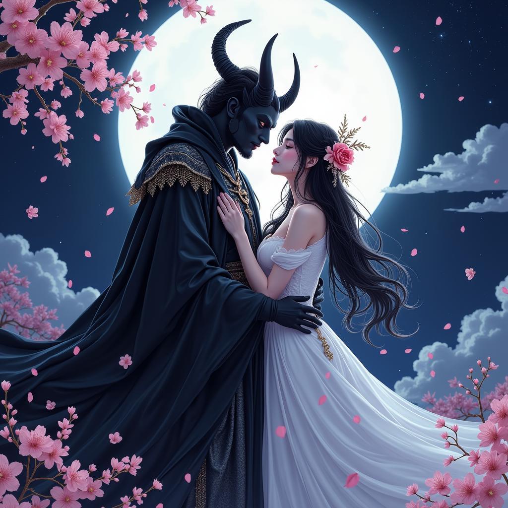 The Demon King gently embraces his beloved concubine under the moonlight