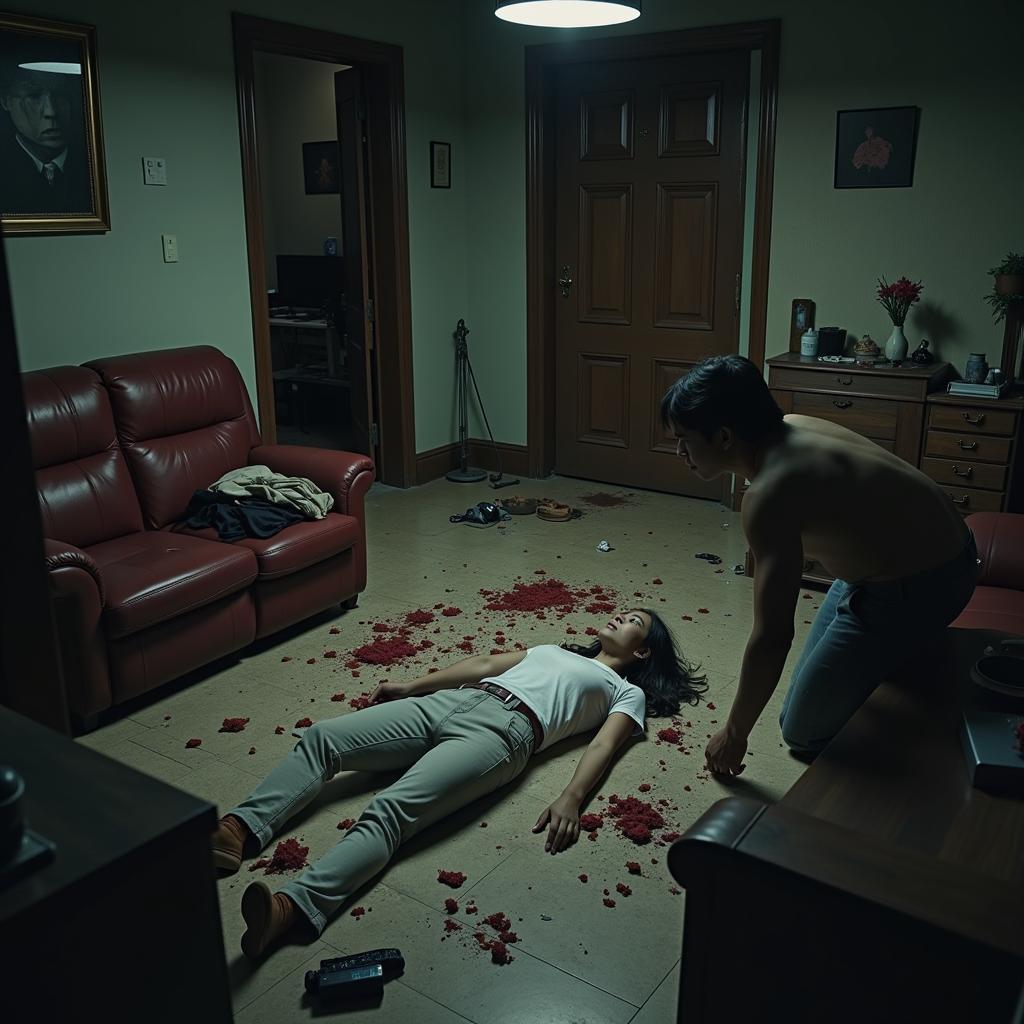 The image depicts a scene with Sở Lưu Hương standing over a body, examining the surroundings with a serious expression. The room is dimly lit, with scattered objects hinting at a struggle. The atmosphere is tense and mysterious, reflecting the gravity of the situation.