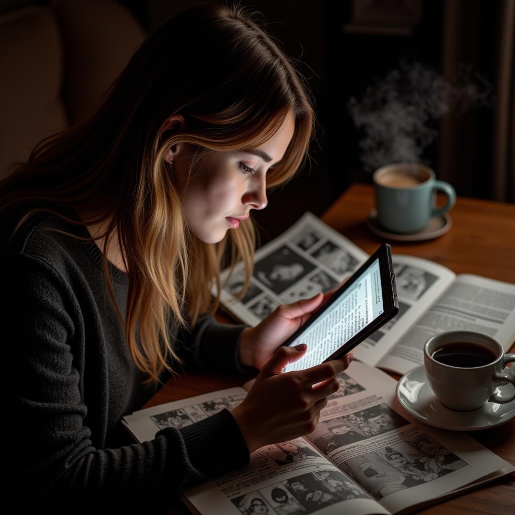 A woman is engrossed in reading a comic book, her face lit by the screen of a tablet, surrounded by scattered pages and a steaming cup of coffee