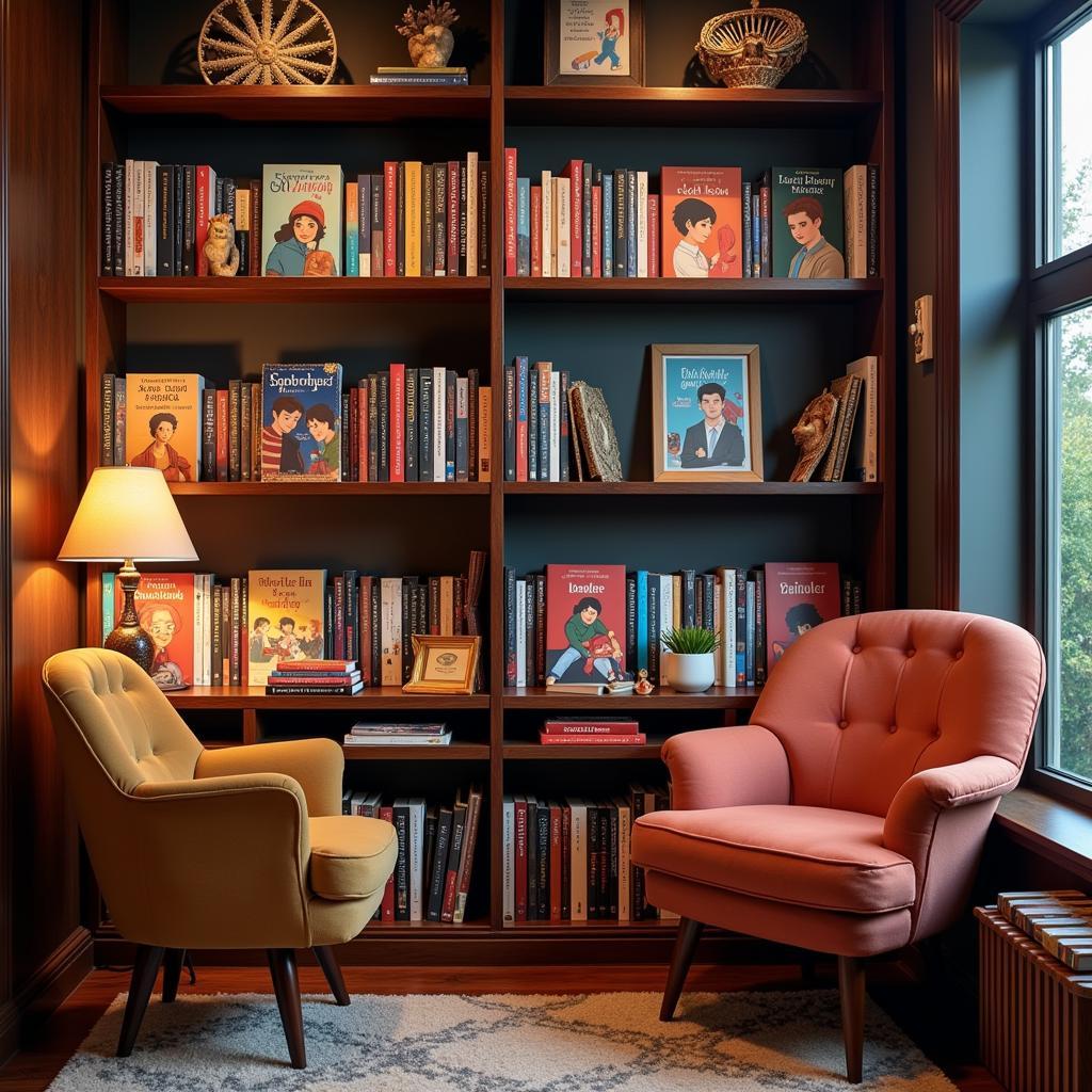 A bookshelf filled with colorful manga and novels