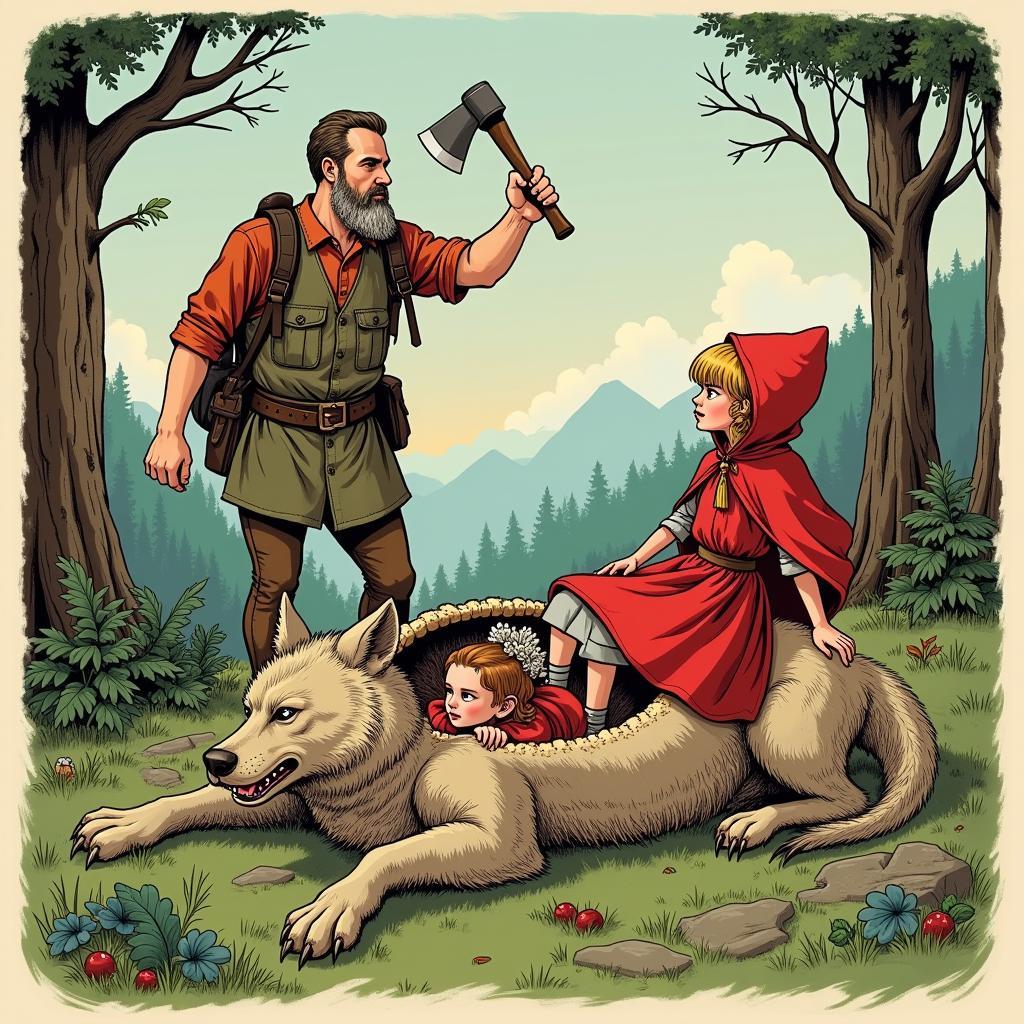 The hunter rescues Little Red Riding Hood and her grandmother from the wolf's belly