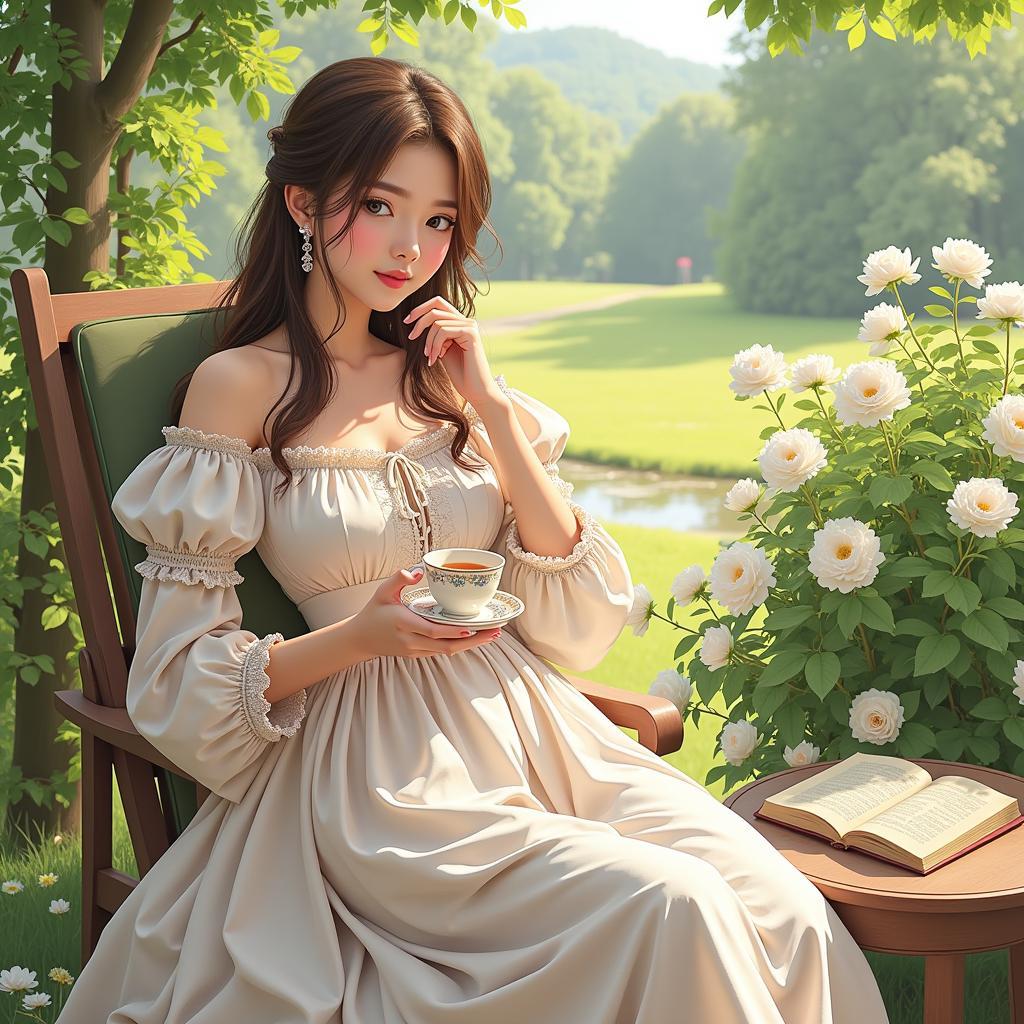 A noble lady enjoying tea in a peaceful garden