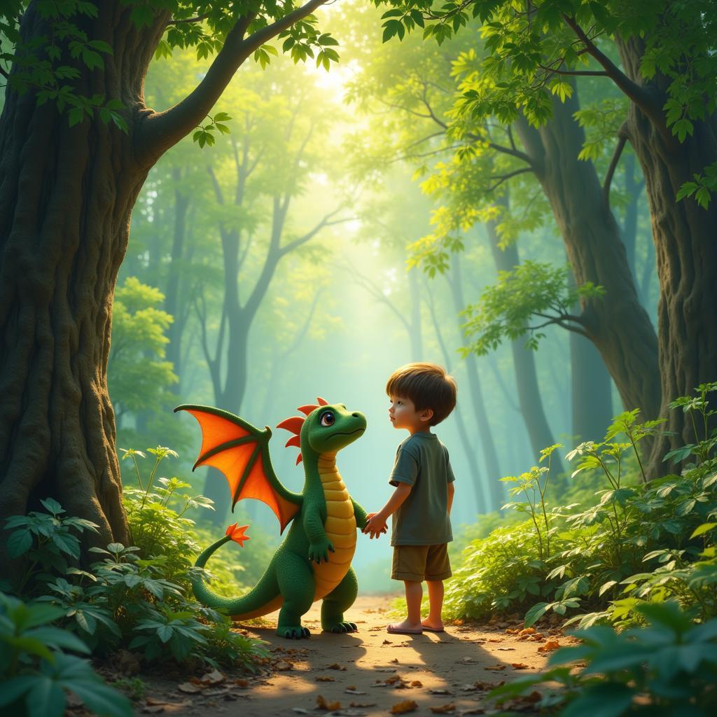 A boy and a dragon standing side-by-side, gazing at a magical forest