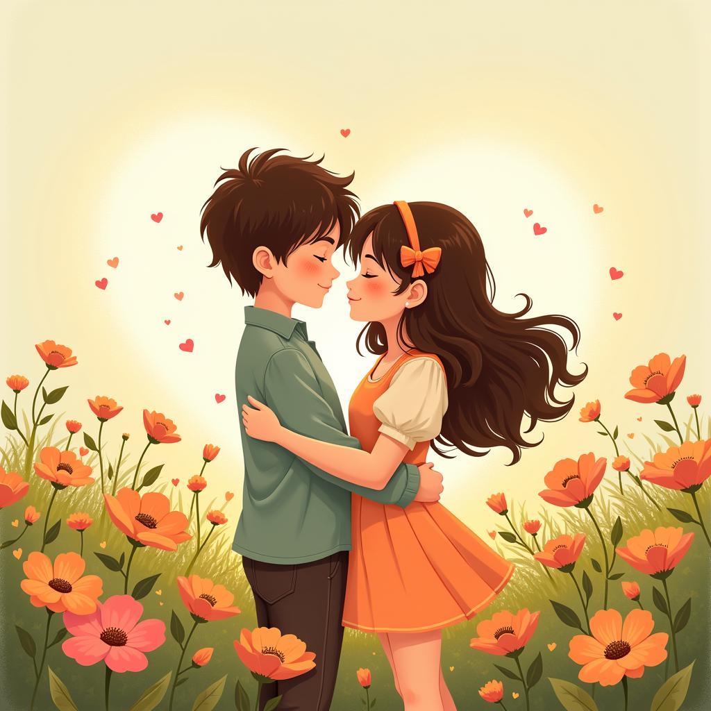 Two characters embracing amidst a field of flowers