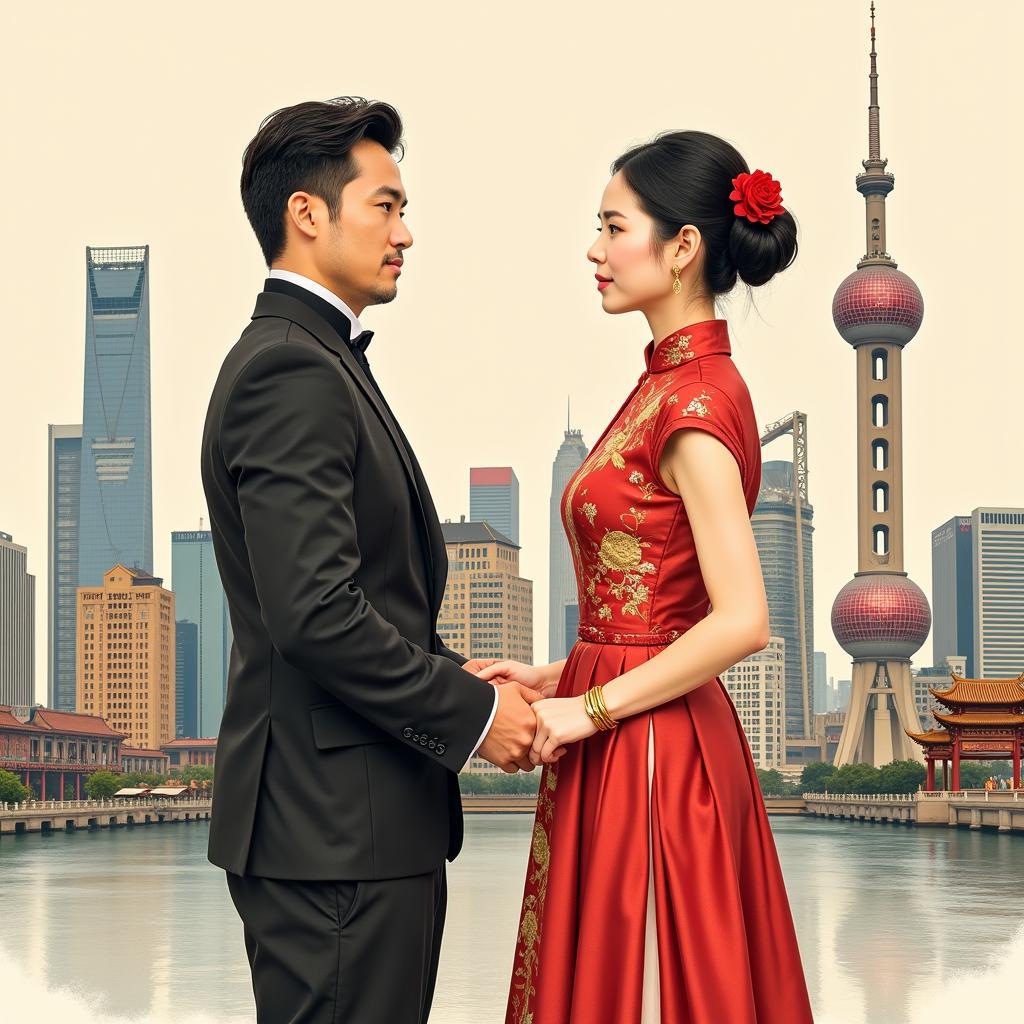 A captivating illustration of a couple in traditional Chinese attire, gazing into each other's eyes against a backdrop of Shanghai in the 1930s, showcasing the allure of Republican-era romance.